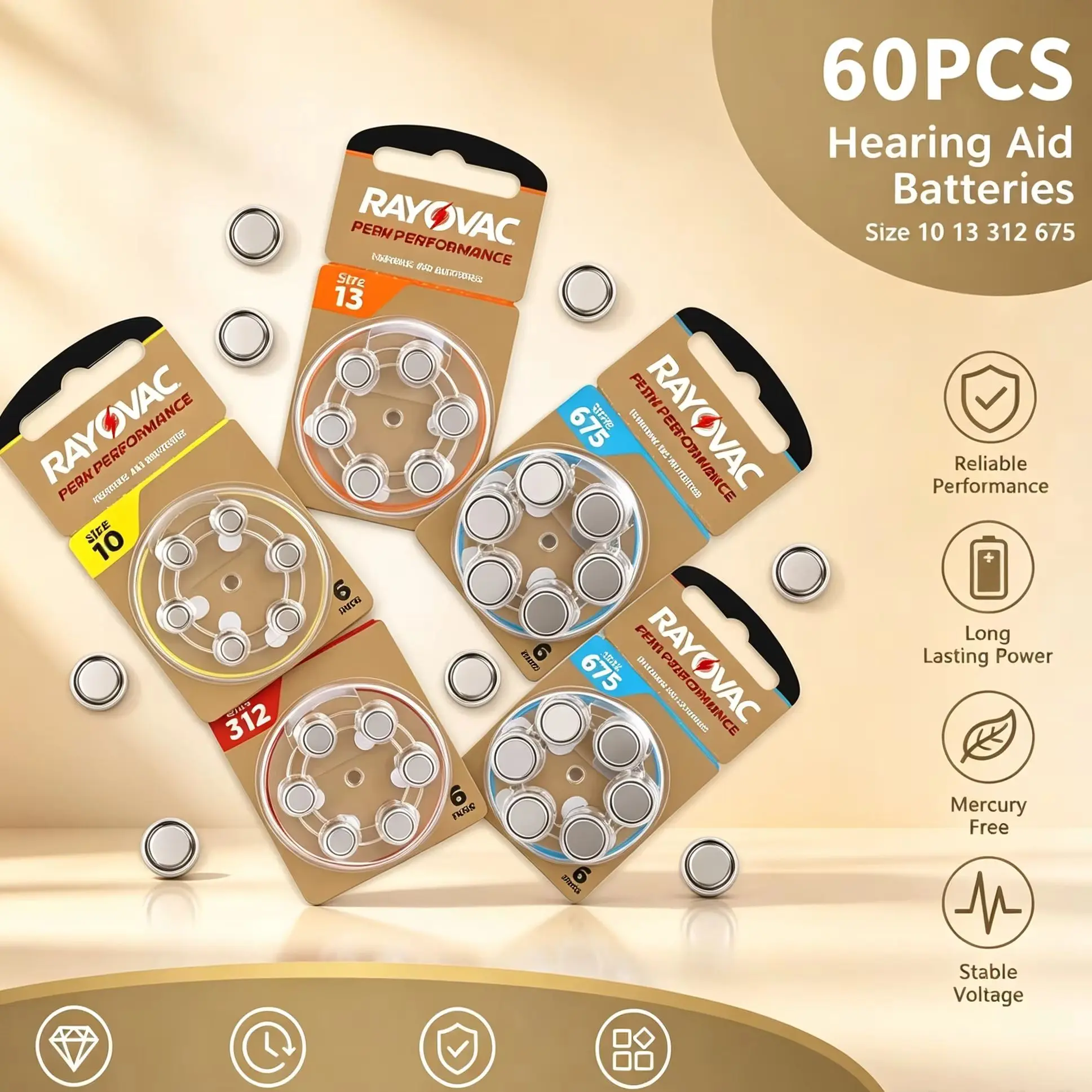 60PCS Hearing Aid Battery Available in Size 10 13 312 675 Zinc Air Stable Output Ideal Replacement Batteries for Hearing Aids