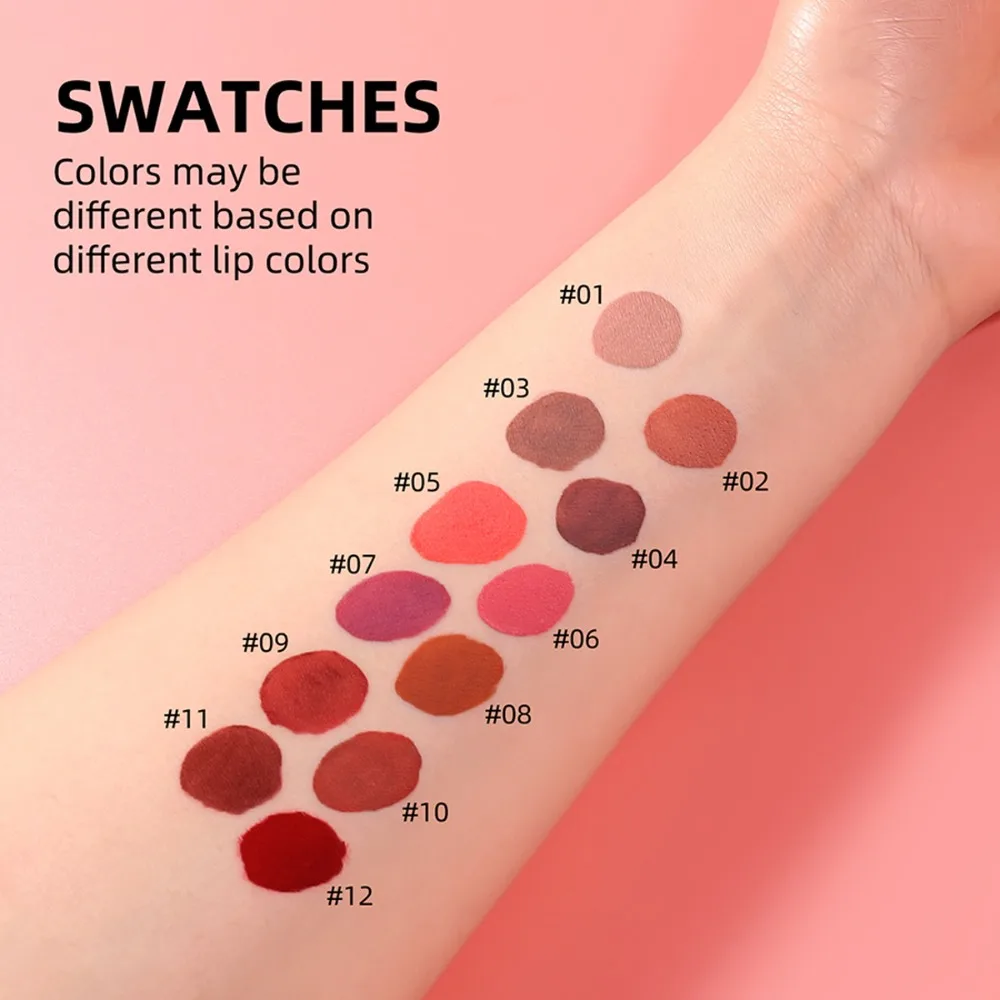 12-tinten Fluwelen lipvlek Smudge Proof Vloeibare lippenstift De hele dag dragen Featherlight Feel Waterdichte formule voor dagelijks gebruik Schoonheid