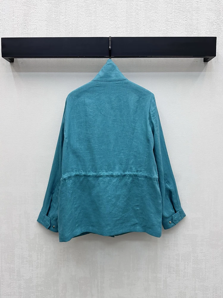 Spring Summer Fashion Cyan Color Casual Straight Barrel Linen Coat Women's Stand Collar Button Multi Pocket Long Sleeve Coat