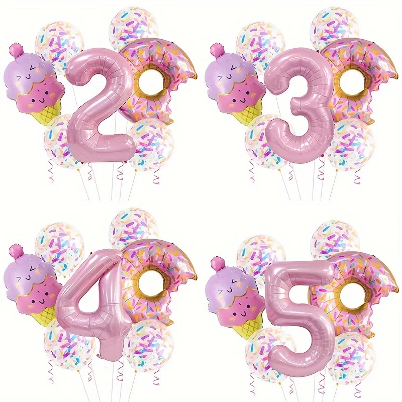 9pcs Donut Ice Cream Foil Balloons with Colorful Confetti Ballon 1-9 Years Kids Birthday Party Decoration Gifts Baby Shower