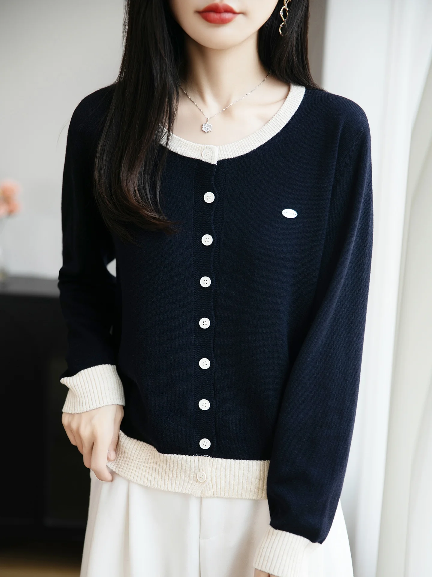 

Early Autumn Thin Spun round Ne Knitted Sweater Open Cardigan Top Color Blo Simple Korean Sle Trendy Outerwear for Women