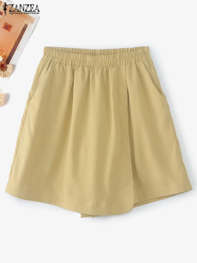 ZANZEA Sommer-Shorts mit weitem Bein, 2025, Damen-Hosen, elastische Taille, Pantalons, modische Taschen, lässig, einfarbig, Shorts, Röcke, Übergröße