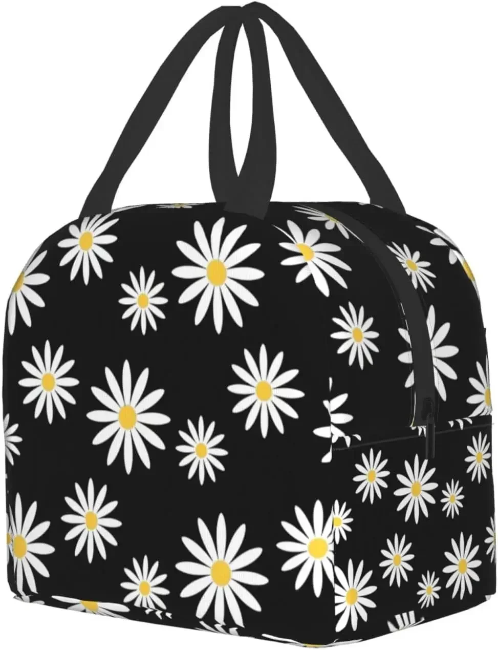 Black Daisy Flower Lunch Bag Small Insulated Lunch Box with Front Pocket Kawaii Lunch Bags for Girls Boys Freezable Bento Box