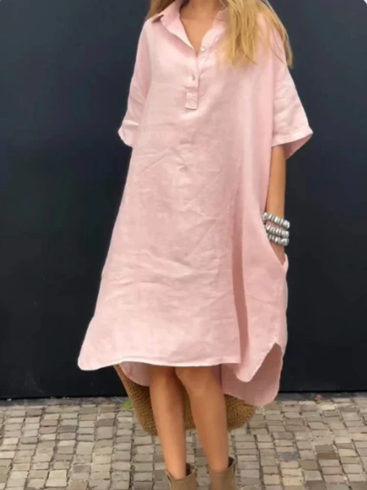 2024 ฤดูร้อนแฟชั่นผู้หญิงผ้าฝ้ายและกัญชาElegantความยาวกลางชุดพลิกคอครึ่งเปิดสบายๆหลวมชุดสตรี