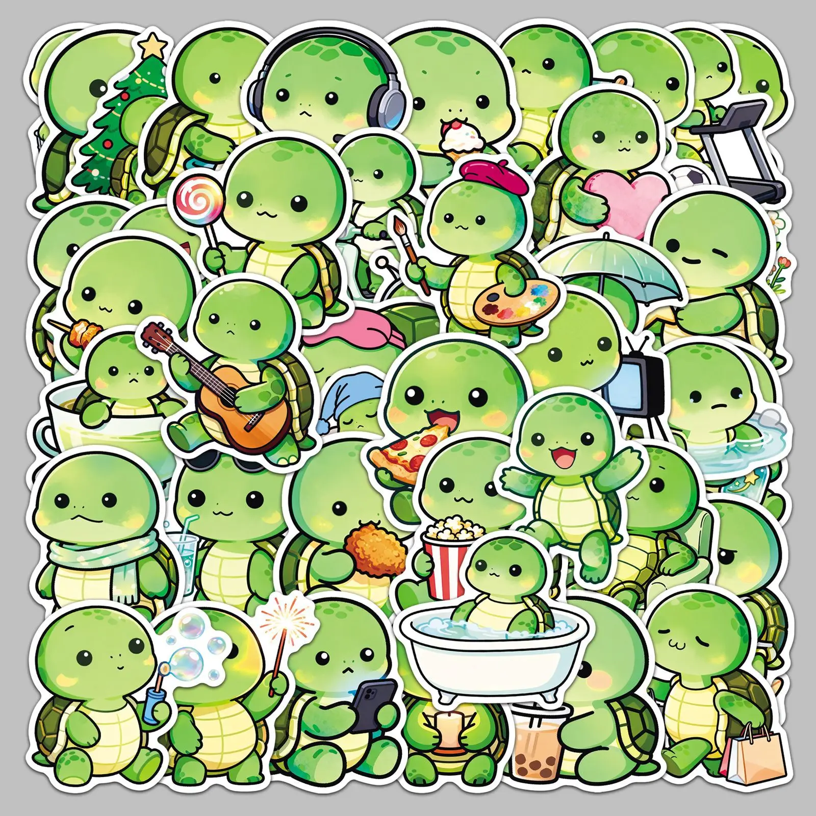 50Pcs Kawaii Cartoon Turtle Stickers, Green Tortoise Decals for Water Bottles, Tablets & Cups