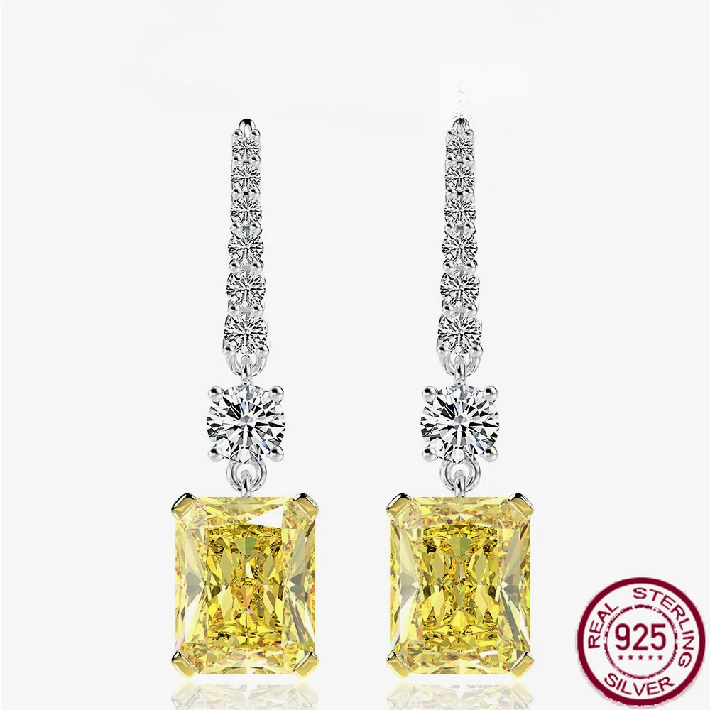 

New 925 silver 4ct yellow rectangular high carbon diamond earrings with 8 * 10 ice flower ear hooks for wedding jewelry