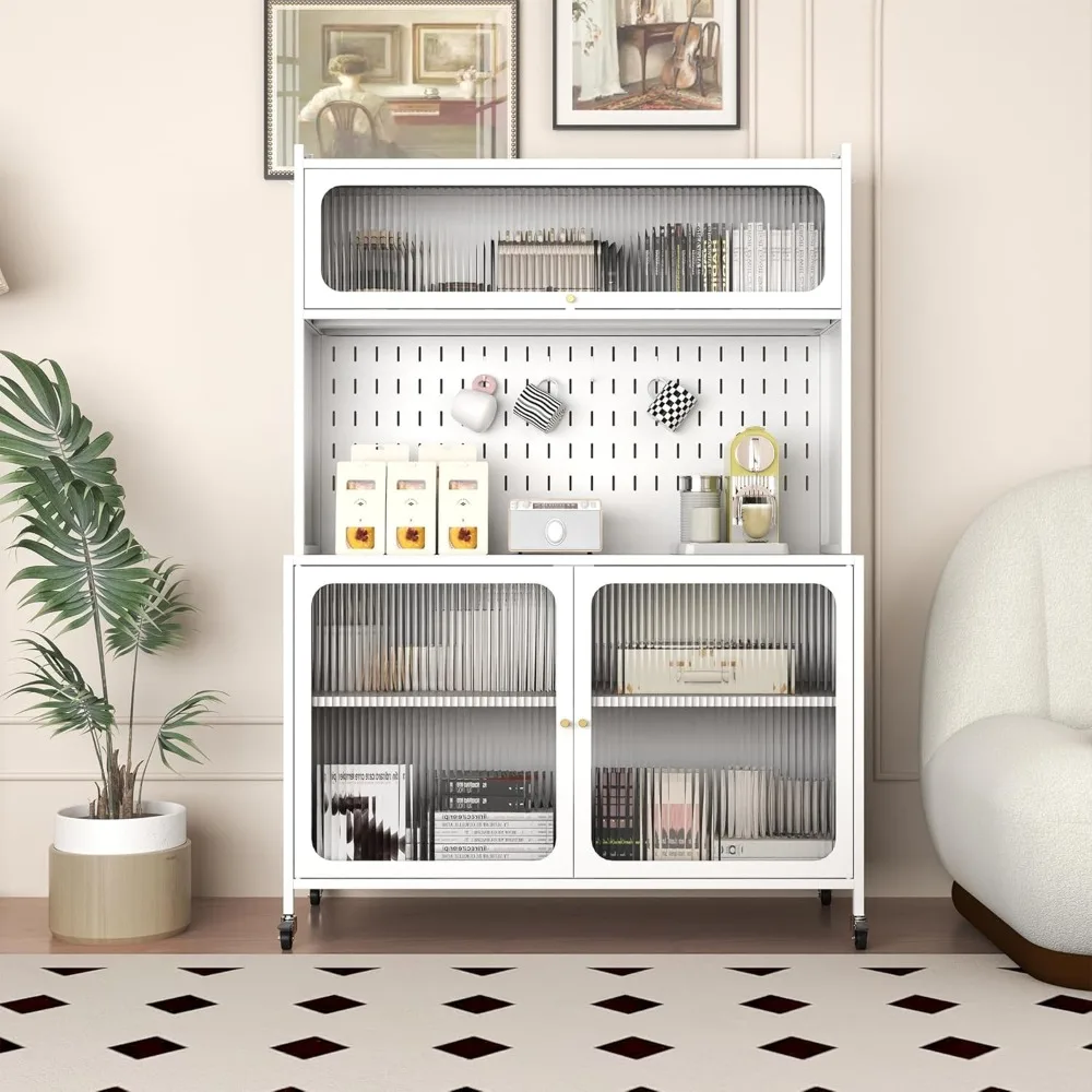 

Kitchen Bakers Rack with Flip Door Cabinet, Metal Microwave Stand with Storage Cabinet and Metal Pegboard Panels for Kitchen, Pa