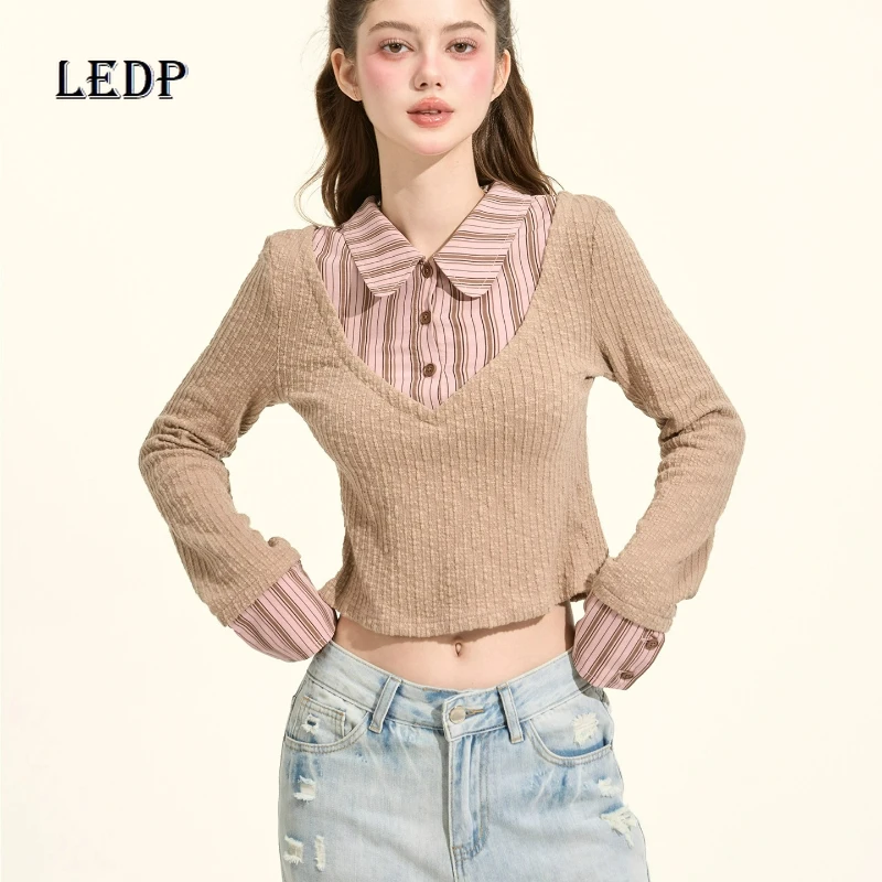 

Винтажный дизайн, женская одежда, осенний новый розово-коричневый полосатый отложной воротник, искусственный двухсекционный вязаный короткий топ, женский