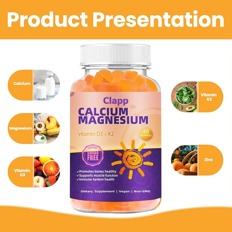 

Calcium magnesium gummies 600 milligrams of calcium, 420 milligrams of magnesium complex,with vitamin D3+K2 certified sugar free
