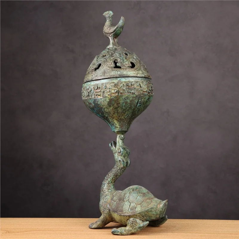 Han Dynasty Boshan Furnace Ancient Incense Burner Copper Ornaments Turtle Sitting Phoenix Bird Antique Collection Museum Exhibit
