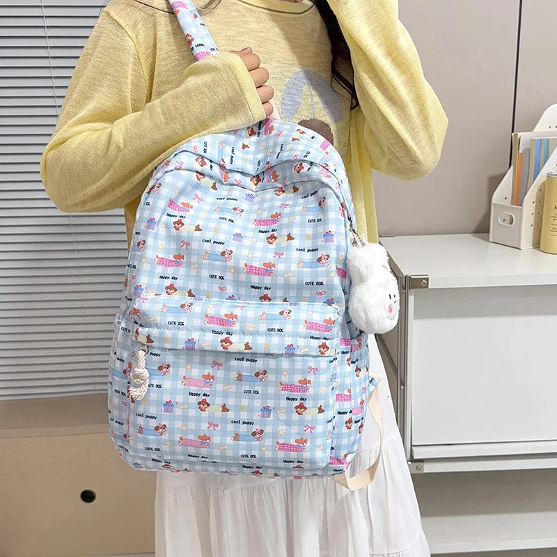 Girls Kitten Print Bookbag Cute Pendant Lightweight Backpack Large Capacity School Bags Middle School Elementary School Backpack
