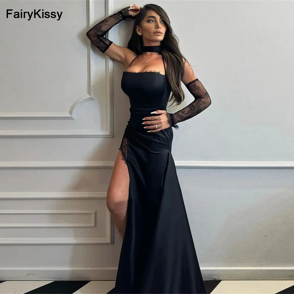 

FairyKissy Sexy Black Prom Dress Mermaid High Leg Slit Satin Robe De Soirée Detachable Long Sleeve Lace Corset Robes De Cocktail