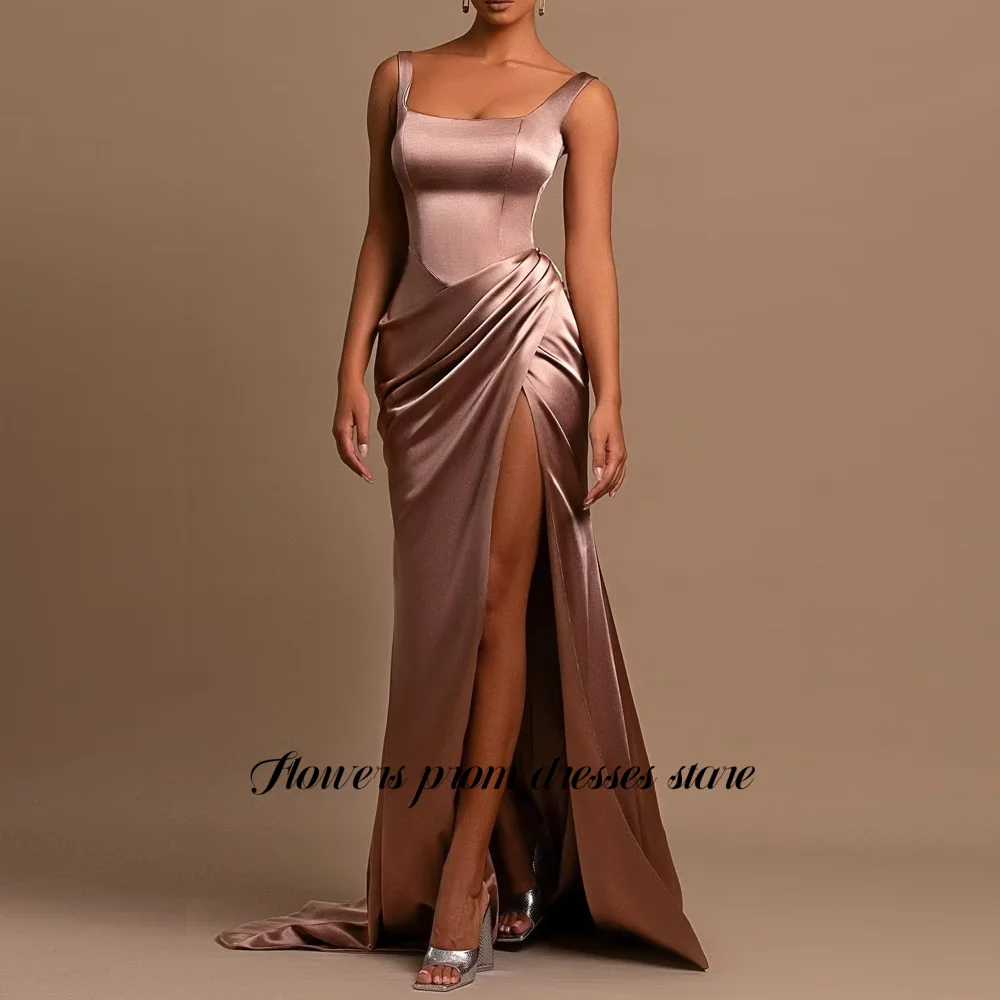 

Flowers Prom Square Neck Party Dresses with High Slit Dress Evening Dress for Women Satin Cocktail Dress Customized