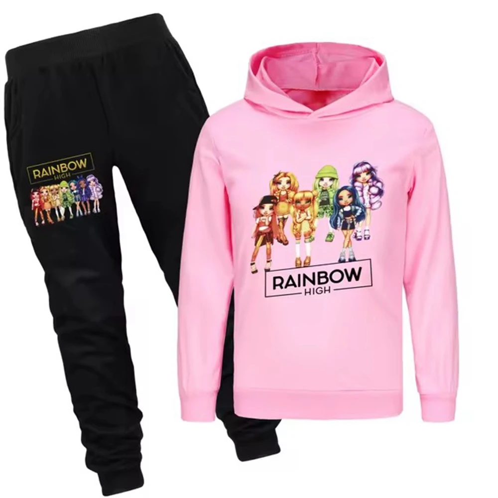 

Boys Girls Rainbow High Sweatshirt Spring Autumn Set Anime Cartoon Print Children Pullover Hooded Kids Sportswear Two-Piece Suit