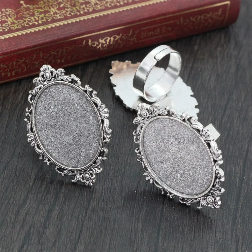 18x25mm 5pcs Antique Bronze and Silver Plated Brass Oval Adjustable Ring Settings Blank/Base,Fit 18x25mm Glass Cabochons