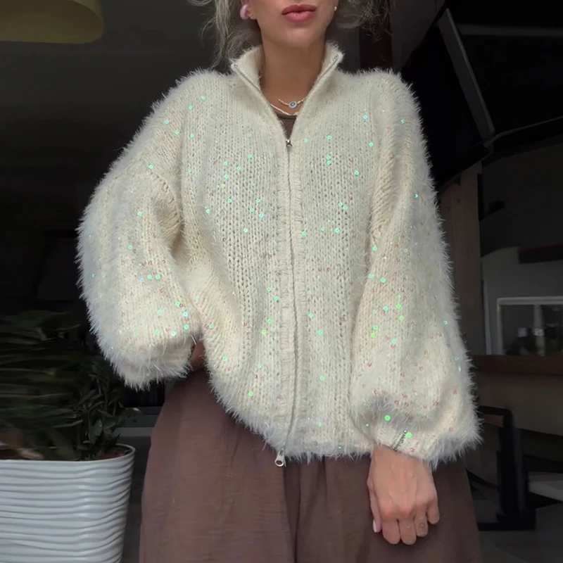 Elegant Simple Sequin Solid Sweater Jacket Fashion Stand Collar Knitwear Outerwear Women Casual Long Sleeve Zip Up Cardigan Coat
