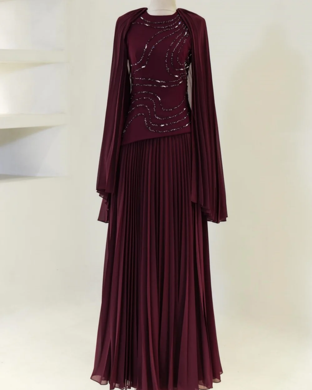 

Индивидуальные модные женские вечерние платья трапециевидной формы из джерси с бисером и круглым вырезом с длинными рукавами и рюшами, вечернее платье, подходящее платье длиной до пола