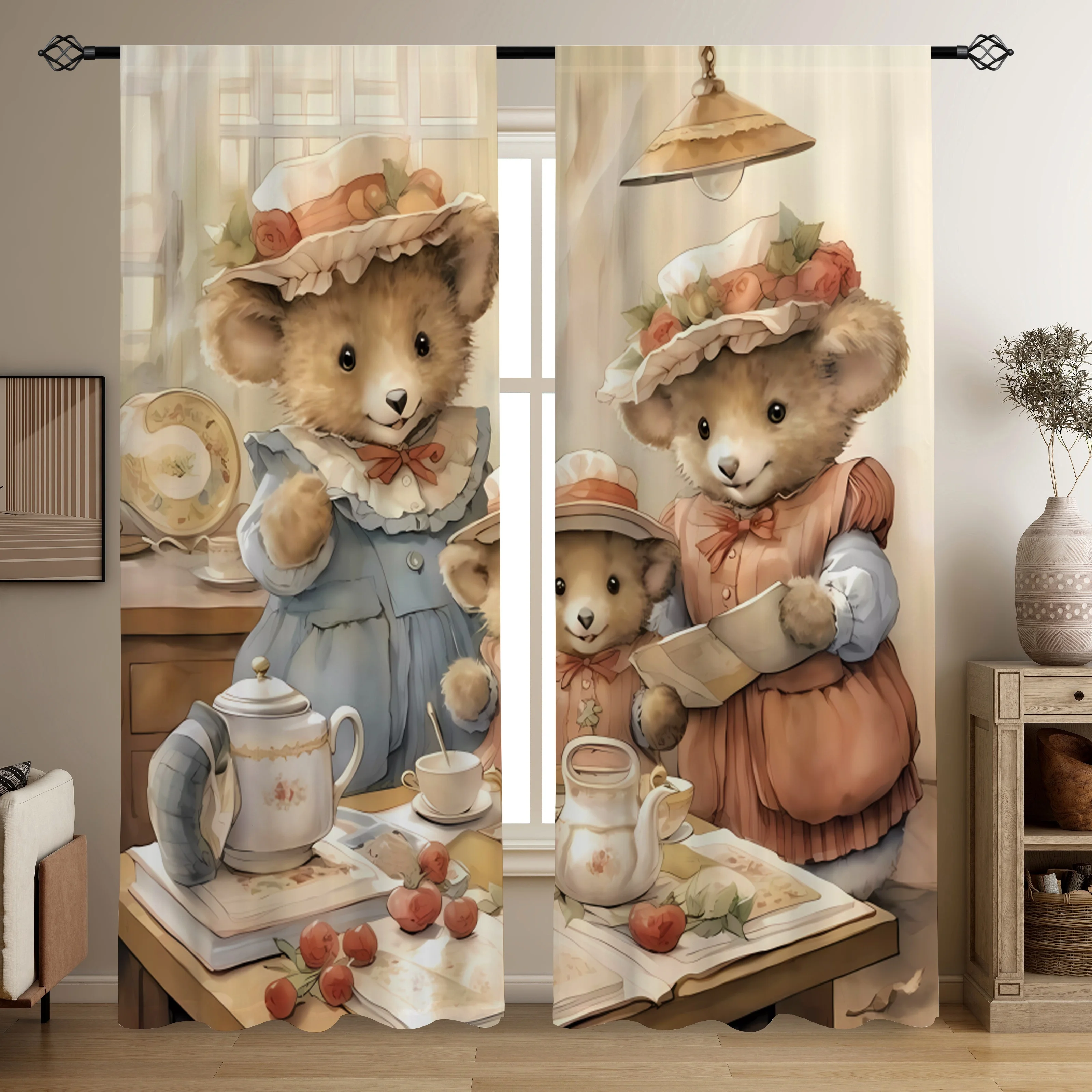 Vintage Teddy Bear Family Tea Party Curtains, Cute Cartoon Animal Print Blackout Drapes for Kids Room Nursery, Retro Home Decor