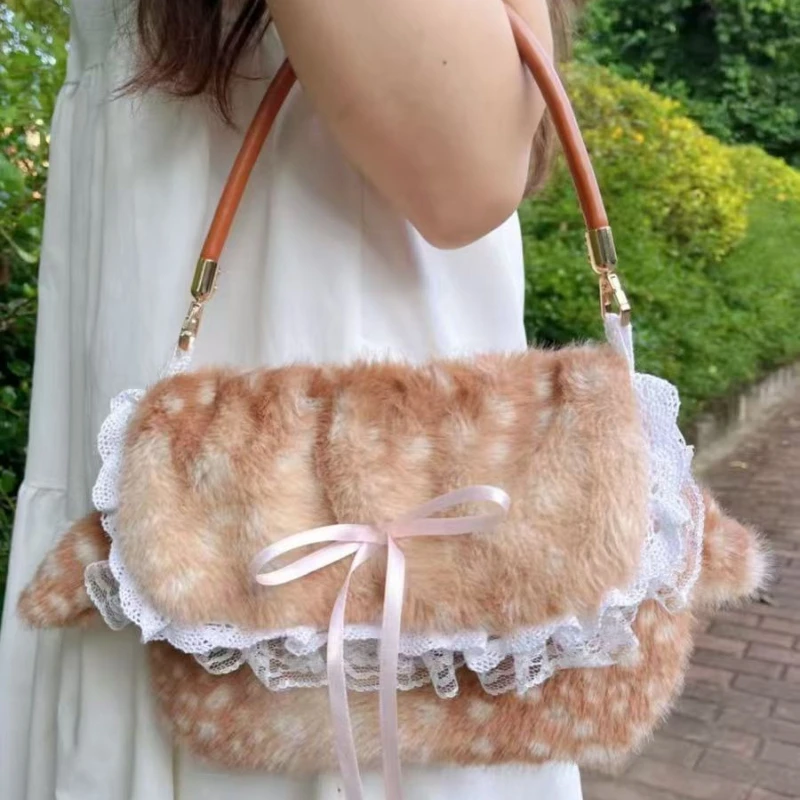 

Осень-зима 2021, новая милая плюшевая меховая сумка с пятнами оленя, универсальная ручная подвесная сумка с розовым бантом для хранения, сумка для покупок