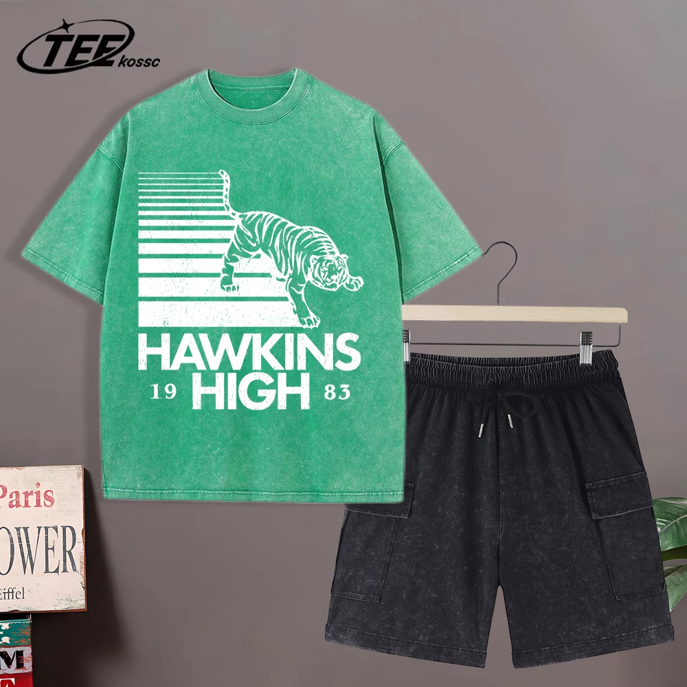 

Hawkins 1983 High School Washed T-Shirt Man Summer O-Neck Retro Pants Fashion Cotton All-Match Top Unisex Basics Clothing