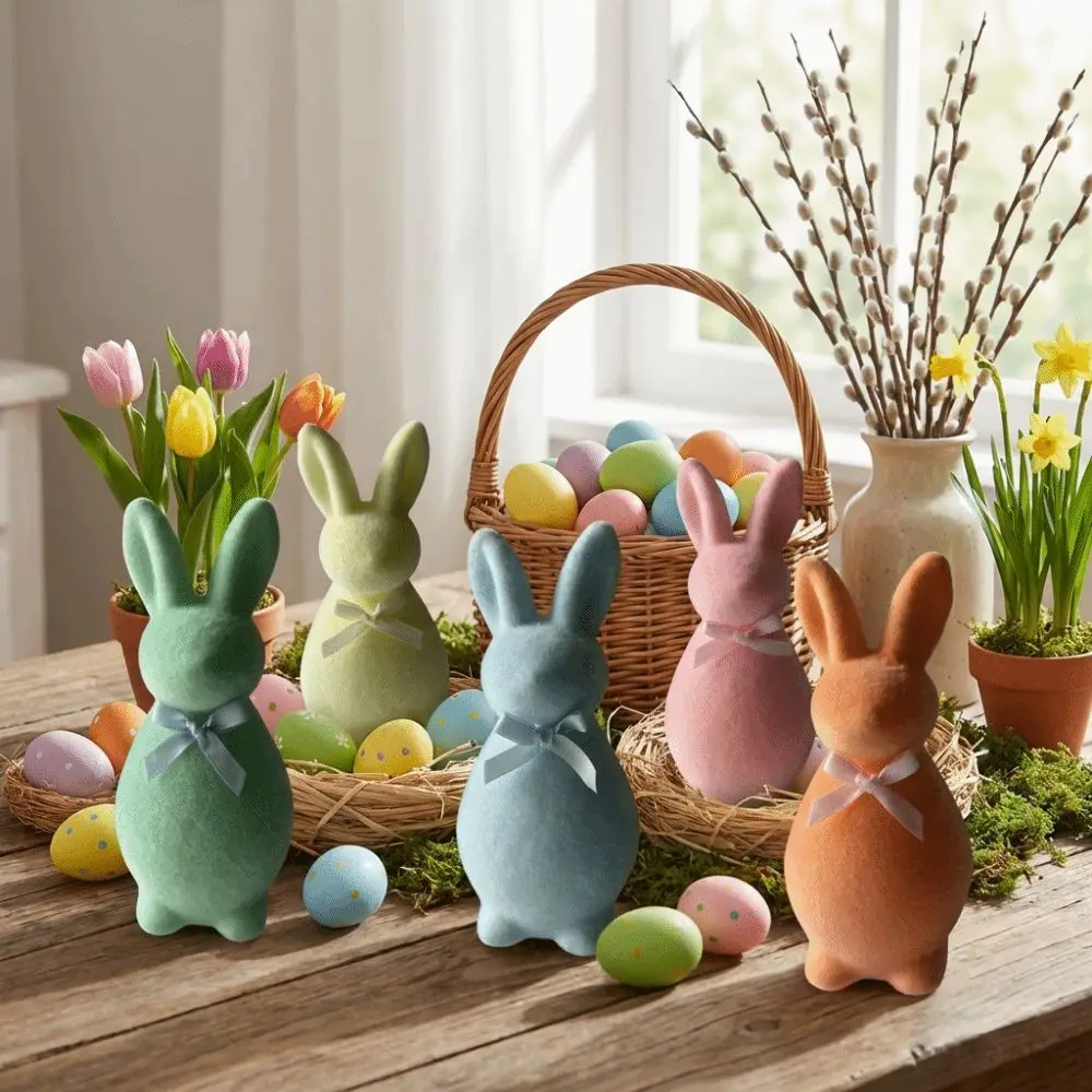 Spring Decor Foam Flocked Rabbit Figures with Bow Easter Bunny Statue Solid Color 3D Standing Bunny Sculpture Garden Decor