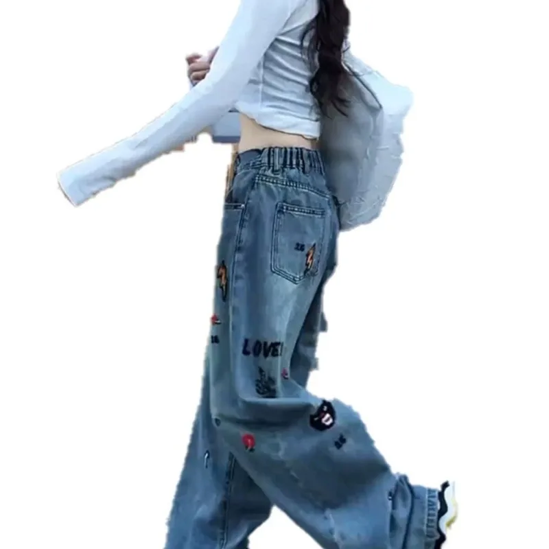 European-style Embroidered Jeans Bestseller Women Autumn Large-sized Pear-shaped Slimming Wide-leg Pants with A Drooping Effect