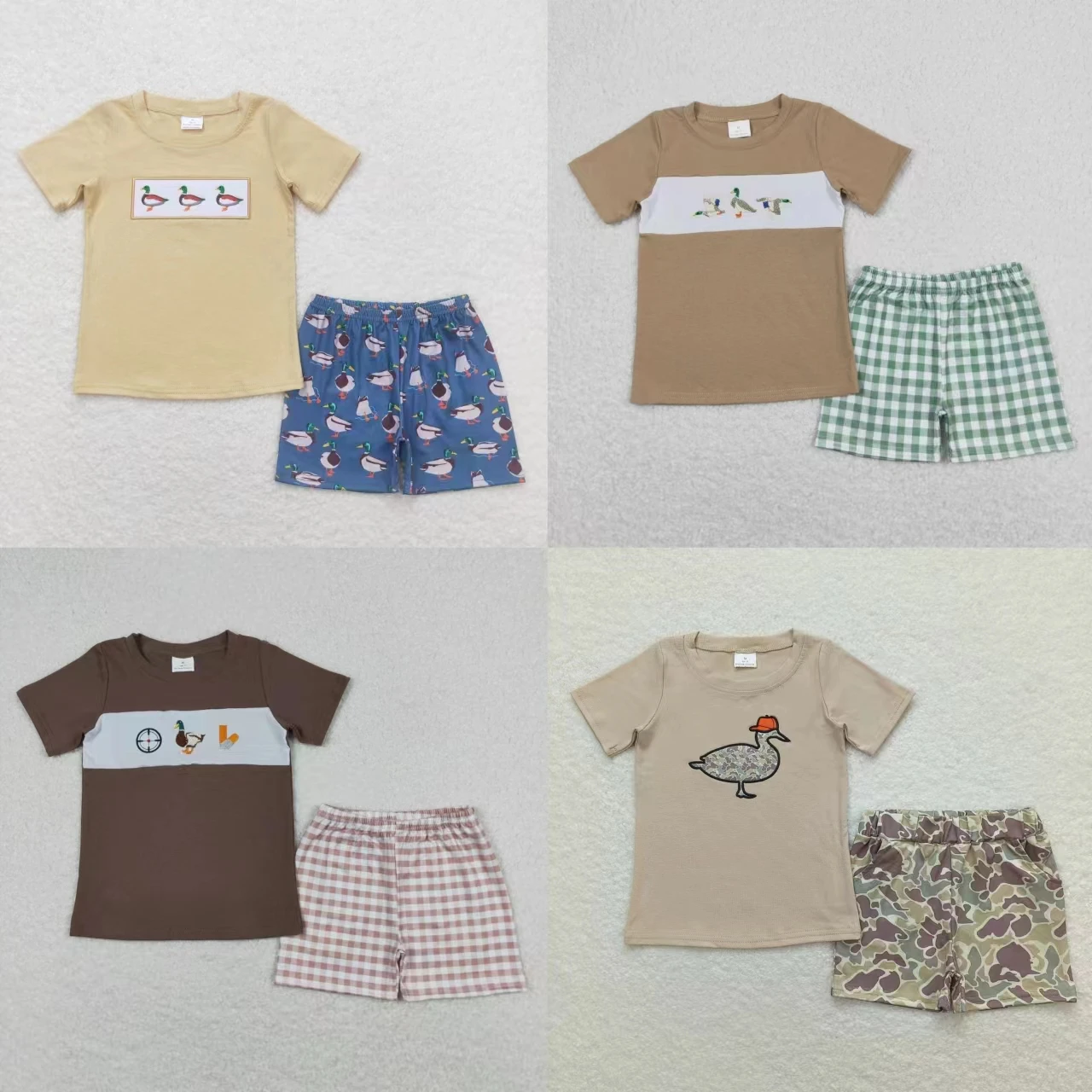 

Wholesale Children Embroidery Summer Sets Toddler Short Sleeves Cotton T-shirts Ducks Tee Kids Plaid Camo Shorts Baby Boy Outfit