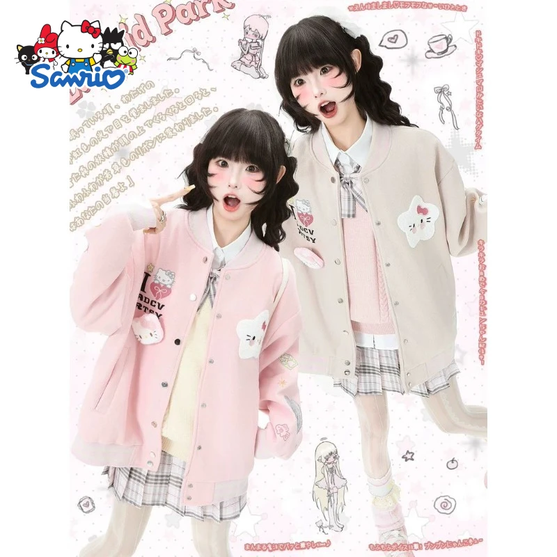 

Sanrio Hello Kitty New Style Baseball Uniform Loose Jacket Cute Patch Embroidered Autumn and Winter Fashion Versatile Jacket Hot
