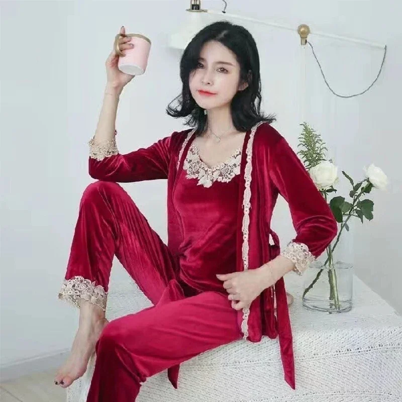 

2023 Winter Pajamas for Women Set Velvet Fabric Three-piece Suit Sleepwear Autumn Sexy Lace Luxury and Noble Ladies Home Wear