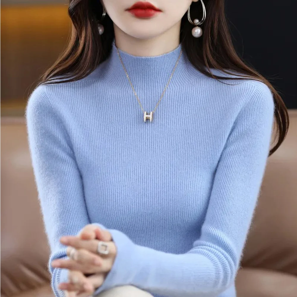 Temperament Pleated Pullover Sweater For Women Long-Sleeve Female S-2XL Siz Half High Collar Underlay Sleeve Sweater Slim Fit