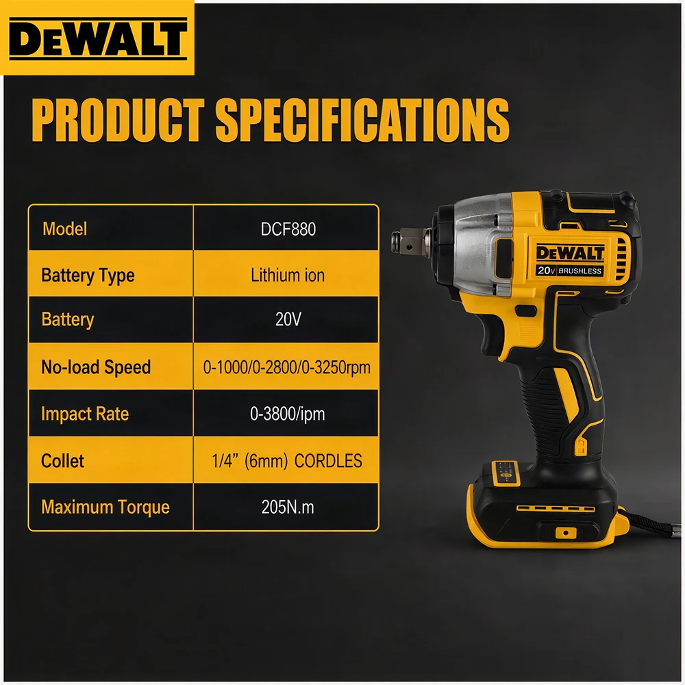 Dewalt DCF880 203N.m Cordless Impact Wrench 3250RPM Rechargeable Brushless Impact Wrench Compact 20V Battery Wireless Power Tool