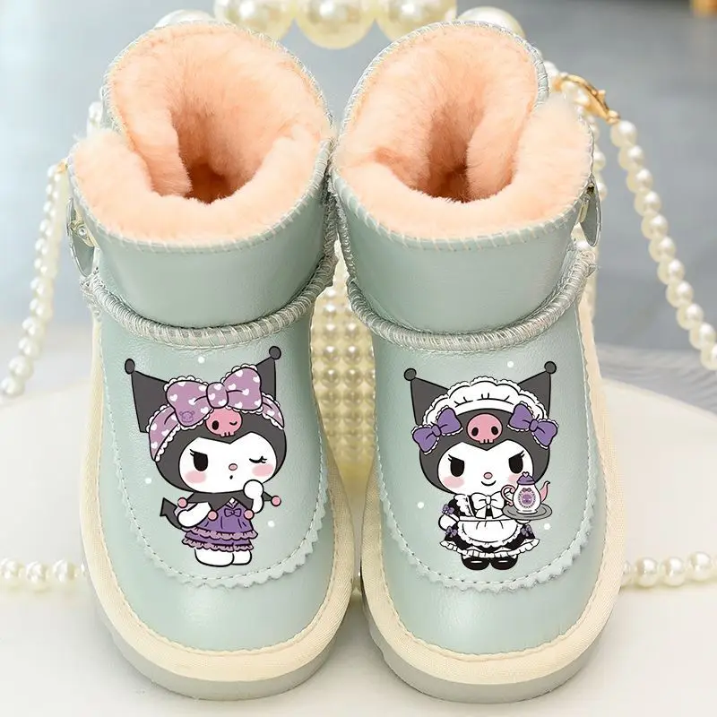 Kuromi Anime Kawaii Sanrio botas de nieve de cuero para niñas lindas niños impermeables cálidos zapatos gruesos de algodón regalos Juguetes