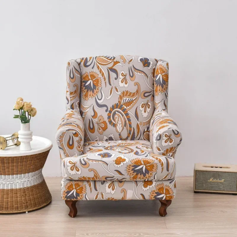 Stretch Print Wing Chair Cover Spandex Elastic Armchair Covers Europe Wingback Relax Sofa Slipcovers with Seat Cushion Cover