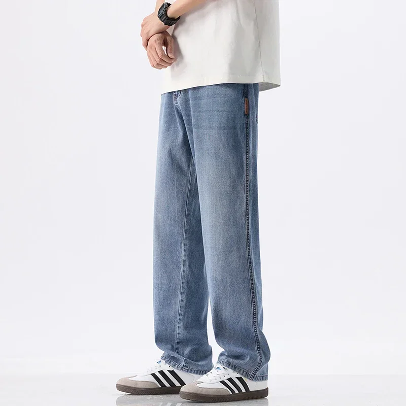 Lyocell لينة فضفاضة الجينز الرجال الصيف رقيقة شخصية واسعة مستقيم السراويل موضة خمر سراويل جينز الذكور الشارع الشهير
