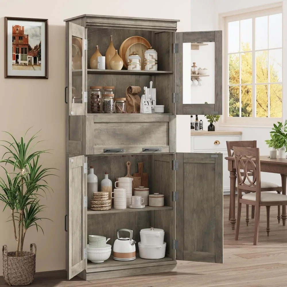 67 Tall Bathroom Cabinet with 4 Doors & Flip Glass Drawer, Storage Cabinet with Adjustable Shelves, Freestanding Organize