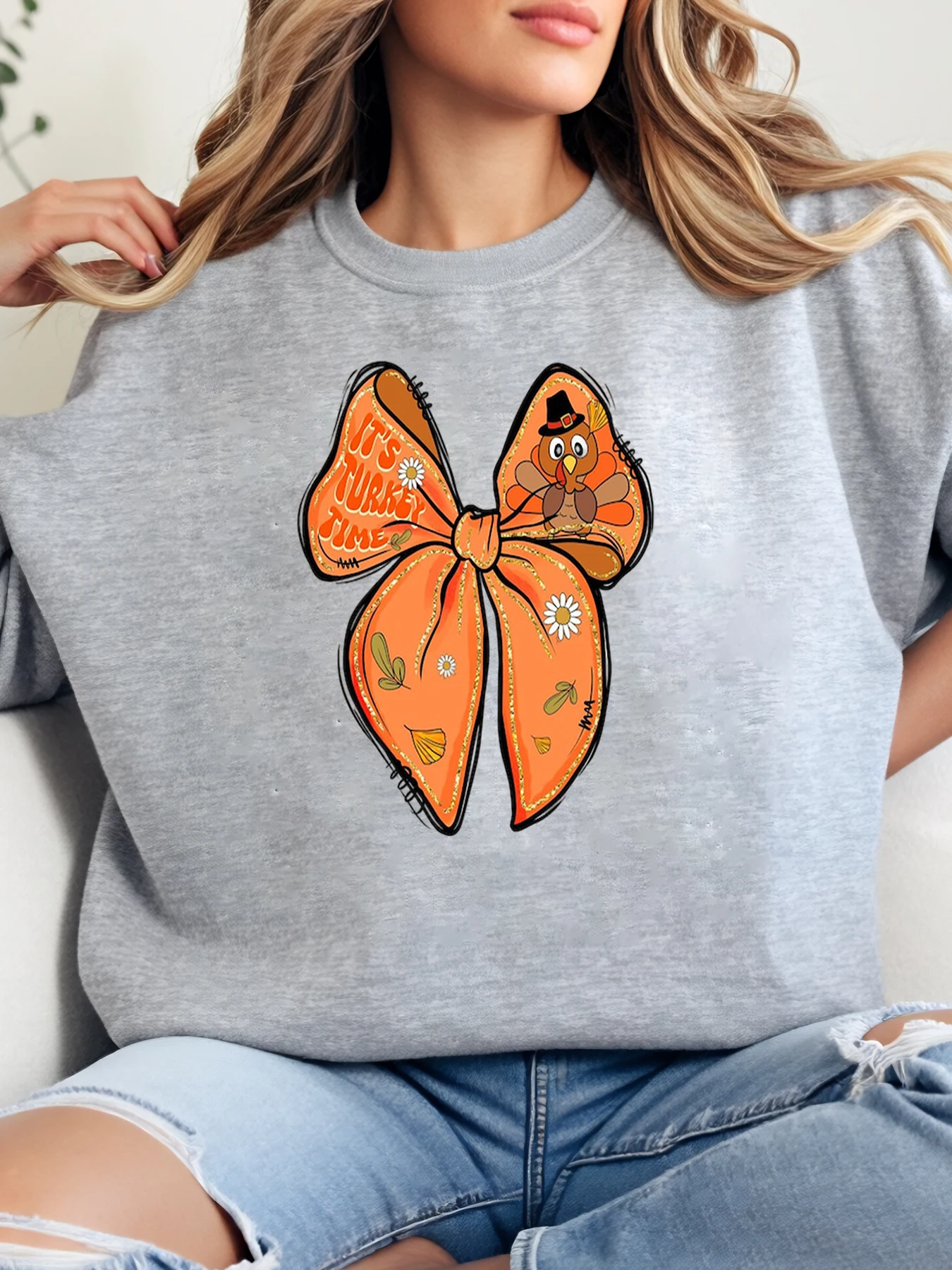 تركيا القوس طباعة الشكر Crewneck البلوز المرأة عادية الخريف الشتاء رمادي حجم كبير #1