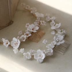 Wedding Hair Comb Tiara Ceramic Flower Bridal Hair Vine Accessories Handmade Gold Silver Color Women Crown