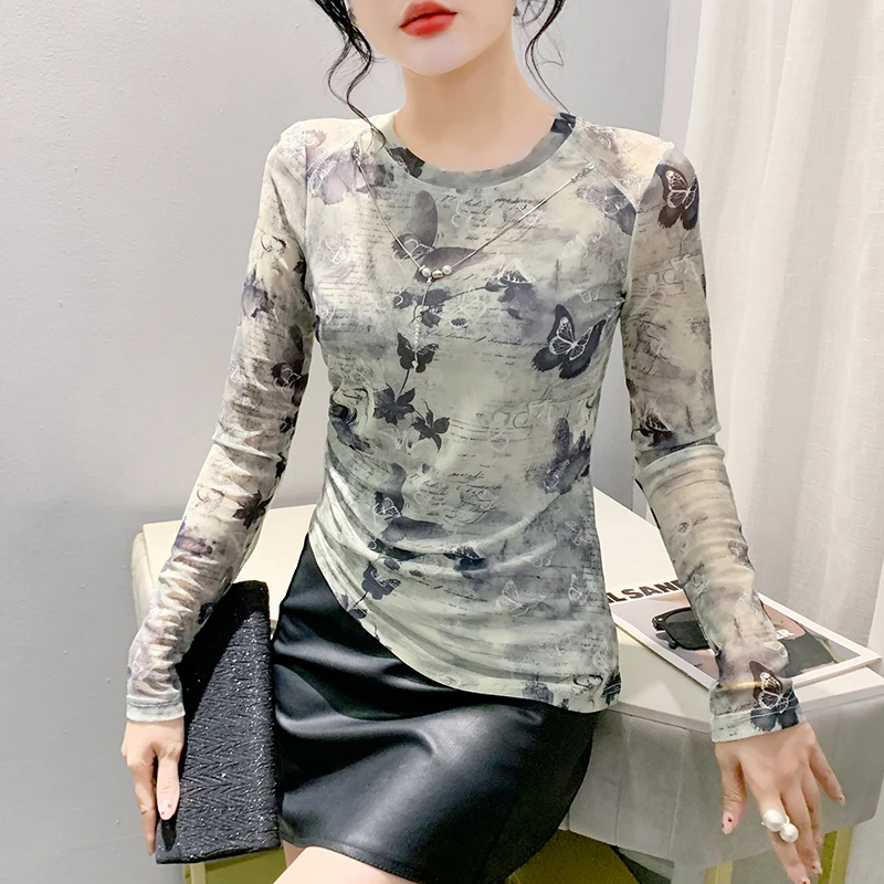 Black Korean Style Fall Winter Irregular Print Butterfly With Necklace Women's Tops Long Sleeve Casual Slim Tees 2024 New 482002