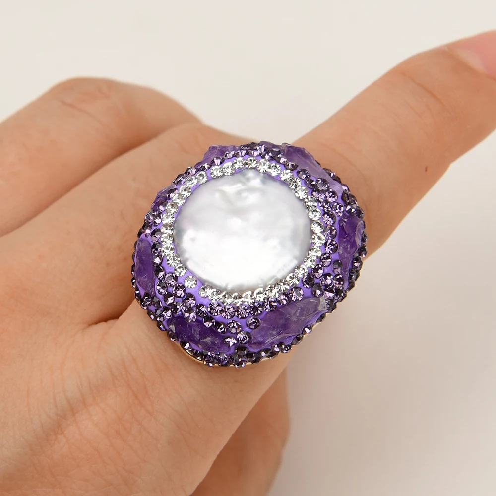 G-G Natural Cultured White Coin Pearl Purple Crystal Amethyst Chips Pave Rings Resizable Handmade Pearl Ring Lady Simple Gifts