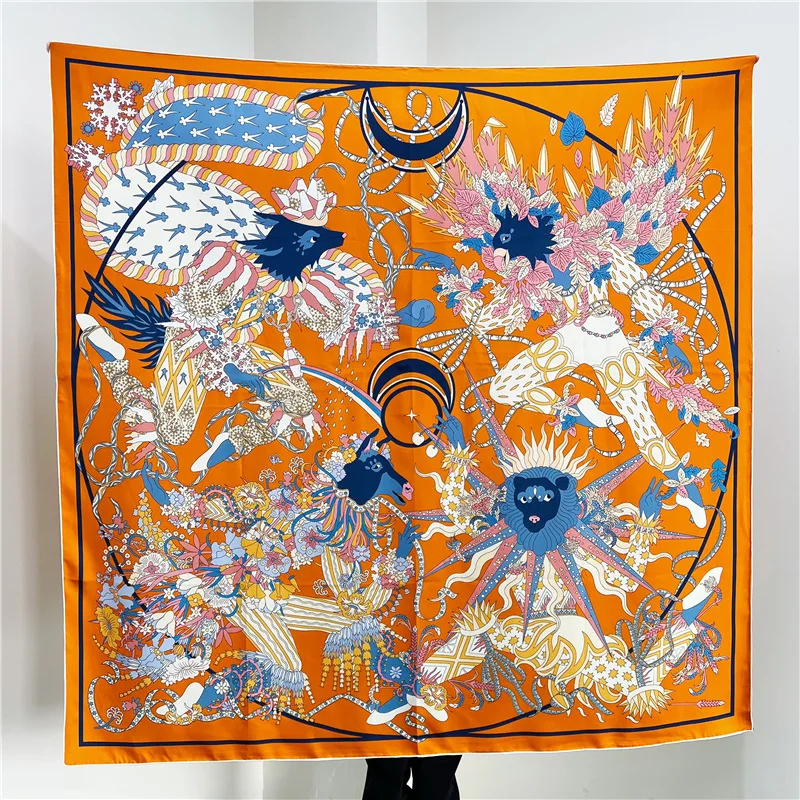 Le Sacre des Saisons Bufanda de seda de mora para mujer, chal grande de marca lujosa, dobladillos de sarga enrollados de diseñador, Foulard, estola de 135cm