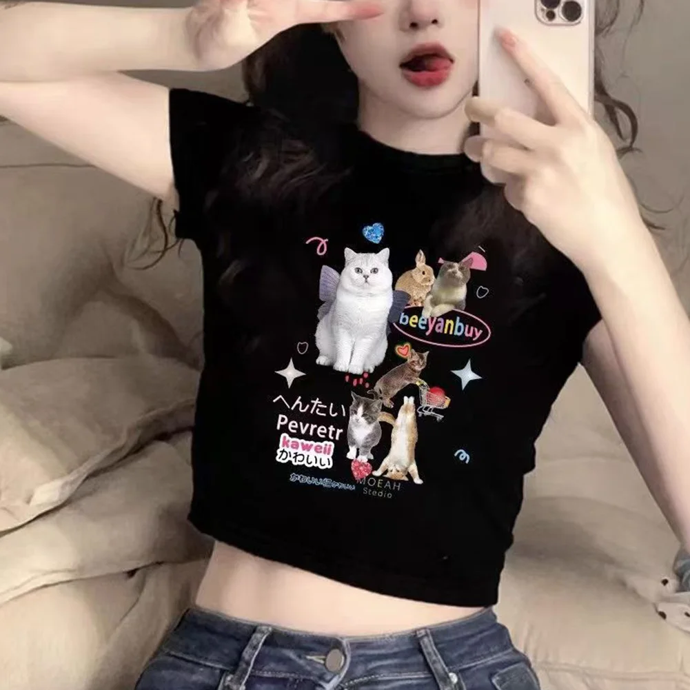 

Casual XL XXL Women's Cropped Top Polyester Fabric Regular Length T-shirt Short Sleeve Top Navel-baring Design