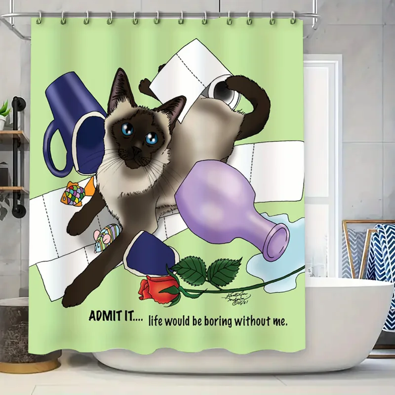 

Modern Bathroom Decor Shower Curtain with Siamese Cat Print Purple Glass Bottle Blue Mug Rose Red Flower Cartoon Print for Home