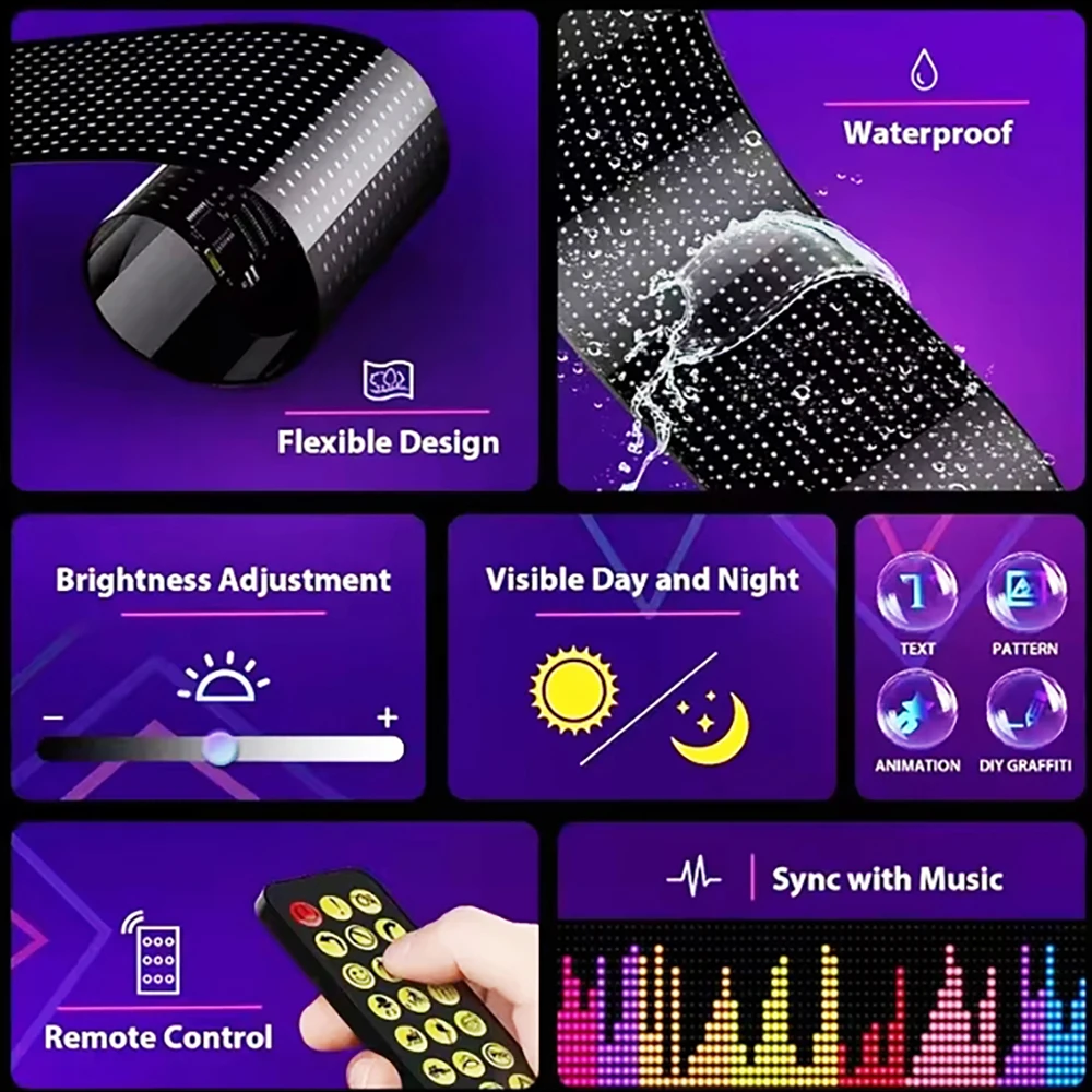 نافذة السيارة الخلفية DC5V RGB كامل اللون عين الشيطان LED شاشة مرنة شاشة لينة USB مثبتة على السيارة لتقوم بها بنفسك عالية الوضوح مقاوم للماء