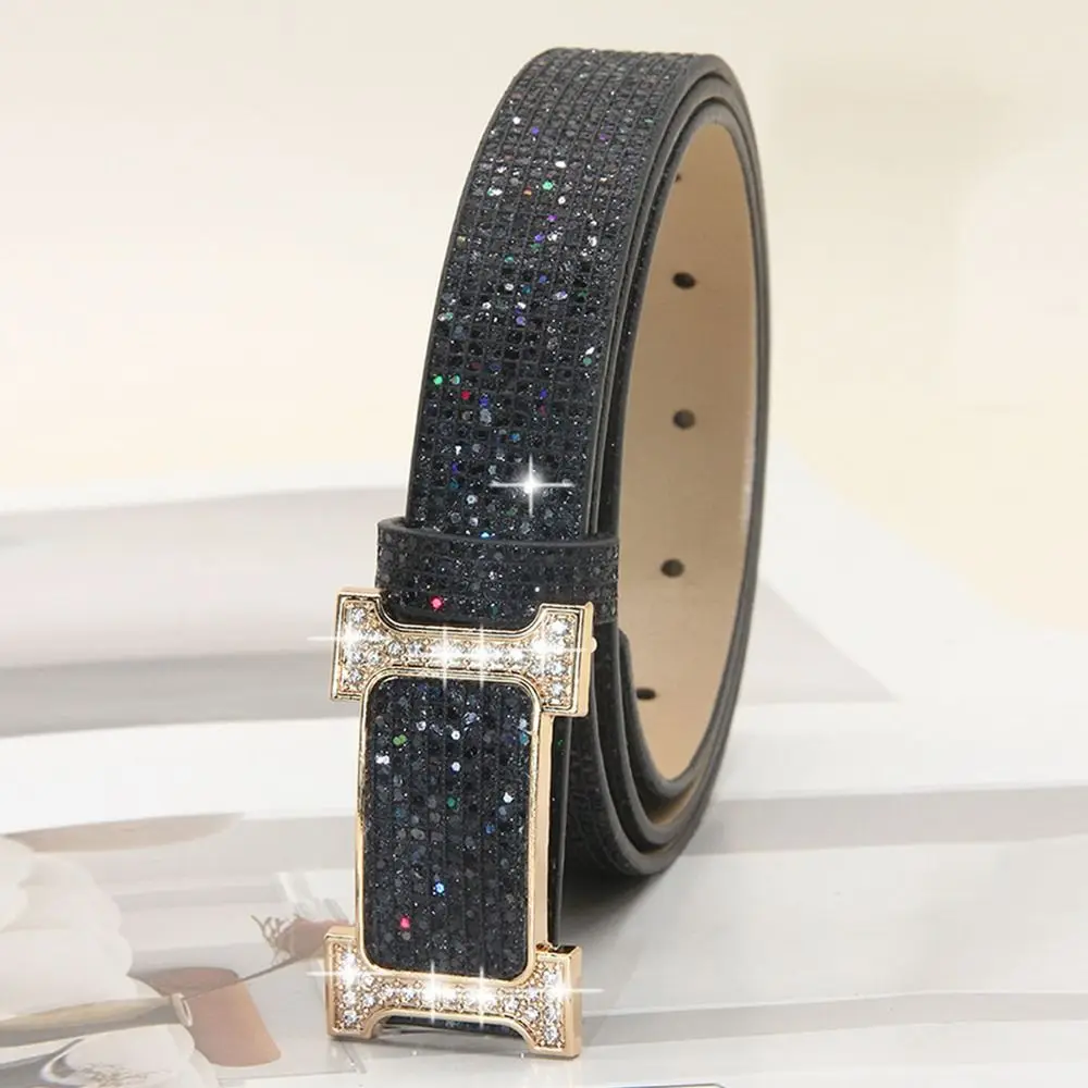 Fashion Bling Bling Sparkling Rhinestone Belt Versatile Glitter PU Leather Belt Luxury Brand Design Slide Buckle Belt Women