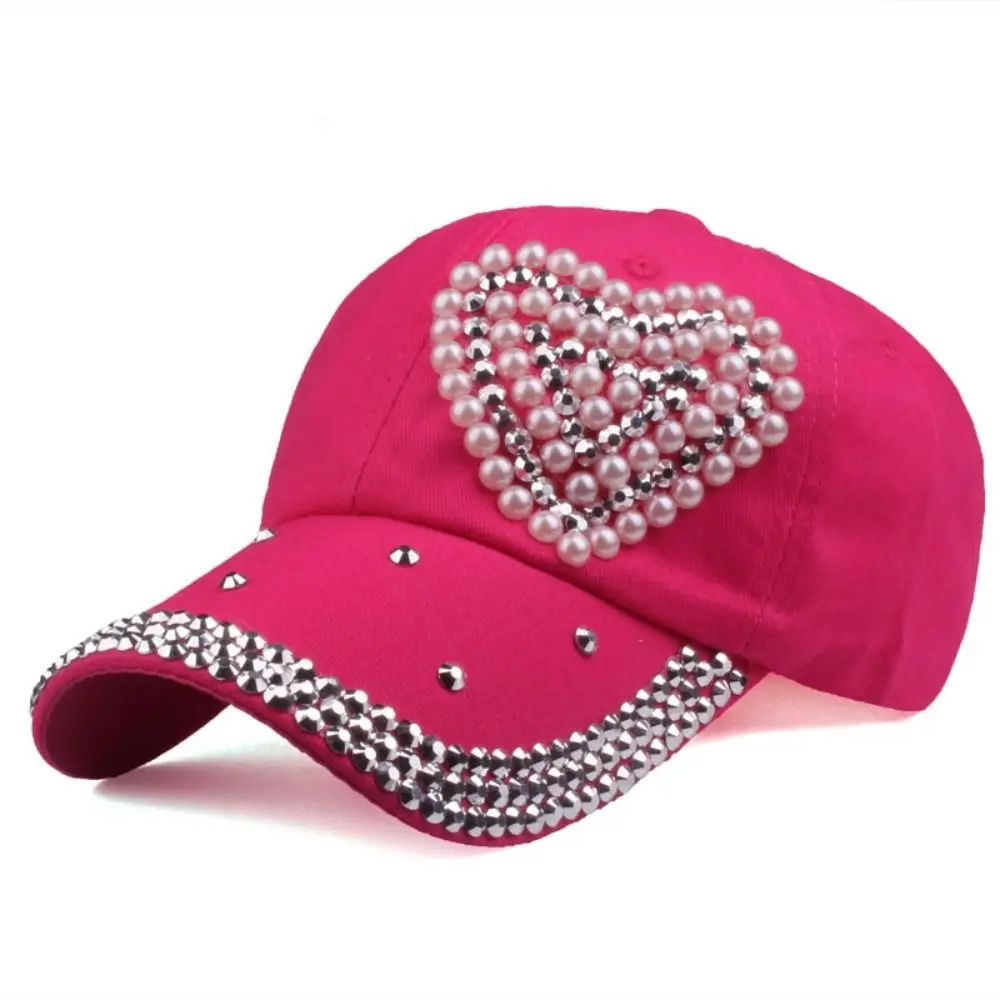 Vintage Rhinestones Studded Baseball Caps Pearl Sunshade Ponytail Baseball Cap Heart Shaped Adjustable Snapback Hat Women Man