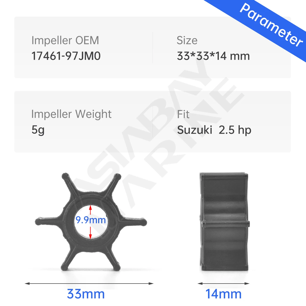 Water Pump Impeller 17461-97JM0 for Suzuki Outboard Motor Engine DF2.5, 2.5hp Boat Parts Replacement with Premium Materials