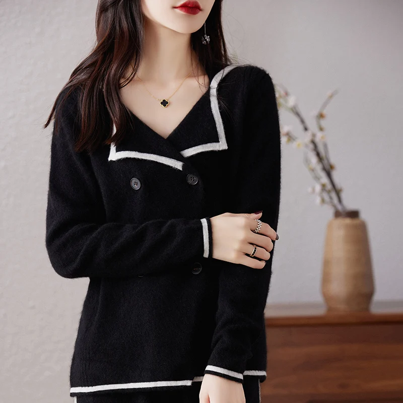 Zestaw damski Casual Pure Wool Lapel Cardigan Small Fragrance Style 2024 Jesieล Zima Nowe spodnie z szerokimi nogawkami Modny dwuczฤลciowy zestaw