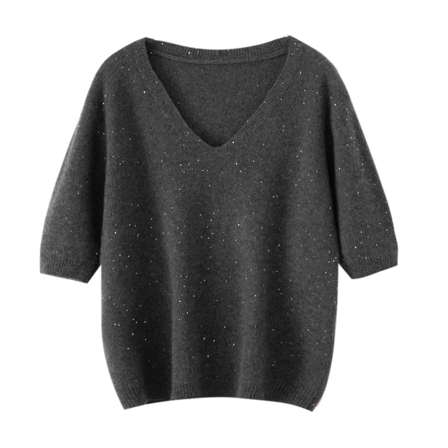 

Women's 100% Pure Cashmere Pullover Short Sleeve V-Neck Sweater Casual Autumn Solid Knitted Loose Top with Sequins