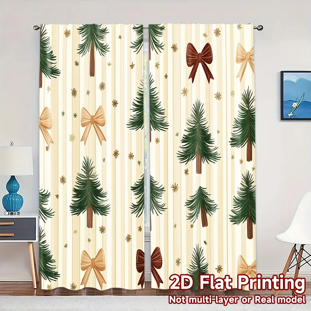 2pcs,Curtains Christmas Trees Bows Chic Curtain Chic Yarn Curtains Outdoor Decorations Perfect for Bedroom & Living Room Decor