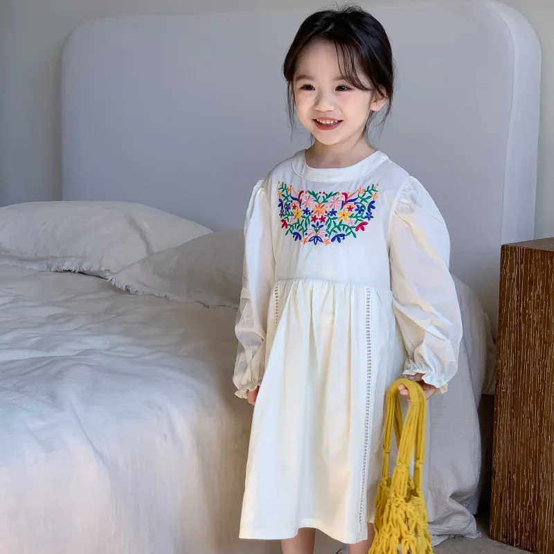 

Korean Girls' Spring Clothing New Style Toddler and Little Girl Lace Embroidered Dress Sweet Solid Color Dress